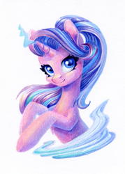 Size: 857x1200 | Tagged: safe, artist:maytee, imported from derpibooru, starlight glimmer, pony, unicorn, bust, colored pencil drawing, magic, portrait, simple background, smiling, solo, traditional art, white background