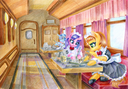 Size: 1727x1212 | Tagged: safe, artist:maytee, imported from derpibooru, oc, oc only, earth pony, pony, unicorn, clothes, commission, goggles, magic, maid, not cookie crumbles, sitting, soldering iron, table, telekinesis, traditional art, train, trio