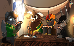 Size: 4299x2658 | Tagged: safe, artist:brainiac, imported from derpibooru, oc, oc only, oc:cowlick, oc:days end, oc:double back, oc:sunny, bull, cow, donkey, pegasus, unicorn, fallout equestria, commission, female, male, mare, riverboat, stallion, uno