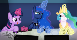 Size: 3264x1712 | Tagged: safe, artist:tidmouthmilk12, imported from derpibooru, princess celestia, princess luna, twilight sparkle, alicorn, mouse, pony, gamer luna, angry, atg 2023, computer, controller, gamer twi, hand, keyboard, magic, magic aura, magic hands, newbie artist training grounds, smug, telekinesis, tongue out, trio, twilight sparkle (alicorn), twilight's castle, video game