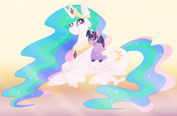 Size: 3244x2131 | Tagged: safe, artist:katsuforov-chan, imported from derpibooru, princess celestia, twilight sparkle, alicorn, unicorn, alternate hairstyle, colored pupils, crepuscular rays, crossed legs, crown, cute, cutelestia, digital art, duo, duo female, ear fluff, ethereal mane, ethereal tail, female, filly, filly twilight sparkle, flowing mane, flowing tail, folded wings, high res, hooves, jewelry, lying down, mare, momlestia, open mouth, peytral, prone, rainbow power, regalia, simple background, smiling, sparkles, starry mane, starry tail, tail, twiabetes, unicorn twilight, unshorn fetlocks, watermark, wide eyes, wings, younger