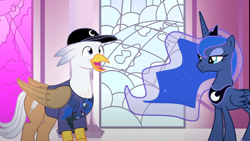 Size: 1280x720 | Tagged: safe, artist:mlp-silver-quill, imported from derpibooru, princess luna, oc, oc:silver quill, after the fact, after the fact:lovable luna, baseball cap, canterlot castle, cap, clothes, crown, hat, inner fan, jewelry, luna is not amused, peytral, regalia, shirt, this will end in a trip to the moon, unamused