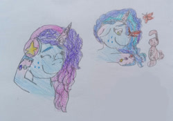 Size: 1067x749 | Tagged: safe, artist:starrscout-23, imported from derpibooru, butterfly, pony, rabbit, unicorn, animal, female, g5, gradient mane, happy, headphones, mare, misty brightdawn, traditional art