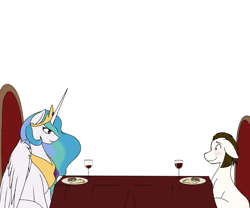 Size: 1500x1250 | Tagged: safe, artist:silverfox057, imported from derpibooru, princess celestia, oc, oc:rough seas, alicorn, earth pony, pony, alcohol, chair, food, glass, pasta, pizza, simple background, table, tablecloth, white background, wine, wine glass