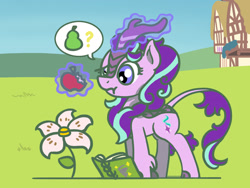 Size: 1800x1350 | Tagged: safe, artist:flutterluv, imported from derpibooru, part of a set, starlight glimmer, kirin, apple, atg 2023, book, eating, flower, food, kirin-ified, magic, newbie artist training grounds, pear, question mark, solo, species swap, speech bubble, telekinesis