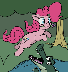 Size: 3768x3996 | Tagged: safe, artist:doodledonutart, imported from derpibooru, pinkie pie, crocodile, earth pony, pony, atg 2023, female, flower, flower in mouth, forest, high res, jumping, mare, mouth hold, newbie artist training grounds, smiling, solo