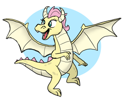 Size: 2516x1988 | Tagged: safe, artist:doodledonutart, imported from derpibooru, fluttershy, dragon, atg 2023, dragon wings, dragoness, dragonified, female, flutterdragon, high res, newbie artist training grounds, open mouth, open smile, simple background, smiling, solo, species swap, spread wings, white background, wings