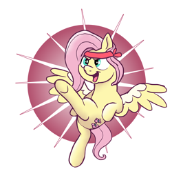 Size: 3216x3148 | Tagged: safe, artist:doodledonutart, imported from derpibooru, fluttershy, pegasus, pony, atg 2023, bipedal, cute, female, headband, high kick, kicking, mare, newbie artist training grounds, open mouth, open smile, shyabetes, simple background, smiling, solo, spread wings, standing, standing on one leg, white background, wings