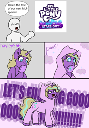 Size: 2116x3016 | Tagged: safe, artist:hayley566, imported from derpibooru, starlight glimmer, oc, oc only, oc:hay meadow, pony, unicorn, leak, 2023 marketing plans, cellphone, female, g5, hasbro, hype, logo, mare, my little pony logo, my little pony: make your mark, my little pony: make your mark chapter 6, onesie, open mouth, phone, pony history, secrets of starlight, smartphone, solo, vulgar