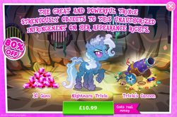 Size: 1957x1301 | Tagged: safe, imported from derpibooru, trixie, advertisement, cannon, costs real money, english, female, gameloft, gem, horn, mobile game, my little pony: magic princess, nightmare creature, nightmare forces, numbers, official, sale, solo, solo focus, text