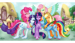 Size: 1920x1112 | Tagged: safe, artist:mesuyoru, imported from derpibooru, applejack, fluttershy, pinkie pie, rainbow dash, rarity, twilight sparkle, classical unicorn, earth pony, pegasus, pony, unicorn, magical mystery cure, cloven hooves, colored wings, colored wingtips, element of generosity, element of honesty, element of kindness, element of laughter, element of loyalty, element of magic, elements of harmony, eyes closed, female, grin, group hug, horn, hug, leonine tail, mane six, mare, multicolored wings, nuzzling, ponyville, rainbow wings, scene interpretation, smiling, spread wings, unicorn twilight, unshorn fetlocks, wings