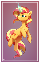 Size: 1200x1900 | Tagged: safe, artist:luminousdazzle, imported from derpibooru, sunset shimmer, pony, unicorn, friendship is magic, female, floating, g4, glowing, glowing horn, horn, mare, raised hoof, simple background, smiling, solo