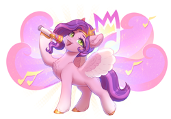 Size: 4000x2800 | Tagged: safe, artist:avroras_world, imported from derpibooru, pipp petals, pegasus, pony, abstract background, chest fluff, cutie mark background, g5, microphone, music notes, singing, smiling, solo