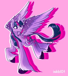 Size: 1234x1381 | Tagged: safe, artist:inkbl0t, imported from derpibooru, twilight sparkle, alicorn, pony, chest fluff, coat markings, colored hooves, colored wings, curved horn, dappled, horn, large cutie mark, multicolored tail, raised hoof, redesign, simple background, solo, spots, spread wings, tail, unshorn fetlocks, wings