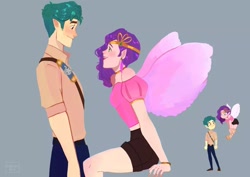 Size: 1080x764 | Tagged: safe, artist:heyo_duck, imported from derpibooru, hitch trailblazer, pipp petals, human, duo, duo male and female, elf ears, female, flying, g5, gray background, hitchpipp, human pipp petals, humanized, looking at each other, looking at someone, male, shipping, simple background, spread wings, straight, winged humanization, wings