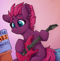 Size: 800x814 | Tagged: safe, artist:zeepheru_pone, imported from derpibooru, fizzlepop berrytwist, tempest shadow, pony, unicorn, atg 2023, book, broken horn, chest fluff, colored pupils, cute, ear fluff, electric guitar, female, gradient background, guitar, horn, mare, musical instrument, newbie artist training grounds, open mouth, sitting, solo, tempestbetes