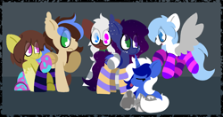 Size: 6150x3250 | Tagged: safe, artist:moonydusk, imported from derpibooru, oc, oc:sapphire moonlight, oc:shadow twinkle, oc:silver heart, oc:snow flare, oc:snowy moonlight, oc:toffee creme, bat pony, earth pony, pegasus, unicorn, femboy, femboys, male