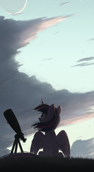 Size: 1125x2049 | Tagged: safe, artist:ncmares, imported from derpibooru, twilight sparkle, alicorn, pony, cloud, crescent moon, female, long tail, looking up, mare, moon, partially open wings, phone wallpaper, scenery, sitting, sky, solo, spine, spread wings, stargazing, stars, tail, telescope, twilight (astronomy), twilight sparkle (alicorn), windswept mane, wings