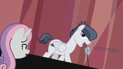 Size: 1364x764 | Tagged: safe, artist:lunaticdawn, imported from derpibooru, rumble, sweetie belle, pegasus, pony, unicorn, bedroom eyes, drool, female, male, mare, microphone, oh no he's hot, older, older rumble, older sweetie belle, rumbelle, shipping, show accurate, singing, spongebob squarepants, squilliam returns, stage, stallion, standing, straight, text, tongue out