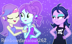 Size: 1162x706 | Tagged: safe, artist:rainbowstarcolour262, imported from derpibooru, crystal lullaby, snow flower, zephyr, human, equestria girls, bare shoulders, black dress, blue dress, bracelet, clothes, dress, dyed hair, ear piercing, earring, eyes closed, eyeshadow, female, gradient background, green eyes, hand on hip, hand on shoulder, headband, jewelry, lidded eyes, lipstick, long hair, looking at each other, looking at someone, makeup, necklace, pearl bracelet, pearl necklace, piercing, ponytail, purple dress, purple eyes, short hair, signature, sleeveless, sleeveless dress, strapless, strapless dress, trio, trio female, unamused