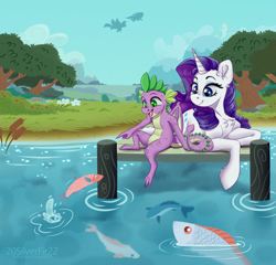 Size: 5000x4800 | Tagged: safe, artist:silverfir, imported from derpibooru, rarity, spike, dragon, fish, pony, unicorn, chest fluff, claws, eyeshadow, fangs, female, field, filly, foal, folded wings, happy, lake, lying down, makeup, male, mare, mountain, shipping, sitting, sky, smiling, sparity, straight, summer, tree, water, wings