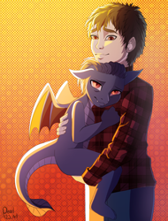 Size: 1600x2100 | Tagged: safe, artist:pearl123_art, imported from derpibooru, oc, dragon, human, fanfic:the lost element, clothes, fanfic art, father, father and child, father and son, glowing, holding up, loving gaze, male, offspring, parent:oc, parent:princess ember, plaid shirt, shirt, sleepy, warm