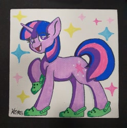 Size: 2034x2048 | Tagged: safe, artist:koapony, imported from derpibooru, twilight sparkle, pony, unicorn, crocs, eye clipping through hair, happy, looking at you, open mouth, open smile, raised hoof, smiling, solo, sparkles, traditional art, unicorn twilight