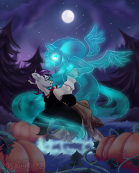 Size: 4840x6050 | Tagged: safe, artist:silverfir, imported from derpibooru, oc, ghost, ghost pony, pony, undead, bow, cloak, clothes, cloud, cloudy, corset, dancing, dress, forest, heart, long hair, long mane, long tail, magic, moon, night, night sky, pumpkin, raised hoof, sad, shooting star, sky, smiling, spread wings, spruce tree, stars, tail, tree, windswept mane, wings