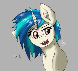 Size: 2152x1977 | Tagged: safe, artist:reddthebat, imported from derpibooru, dj pon-3, vinyl scratch, pony, unicorn, bet, bust, female, gray background, mare, missing accessory, open mouth, open smile, simple background, smiling, solo