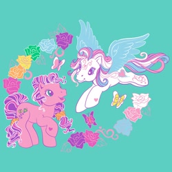 Size: 1080x1080 | Tagged: safe, imported from derpibooru, skywishes, star catcher, butterfly, earth pony, pegasus, pony, duo, duo female, female, flower, g3, hasbro, implied lesbian, lesbian, lgbt, official, pride month, rainbow colors, shipping, shipping fuel, simple background, skycatcher, t shirt design, teal background, transgender