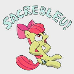 Size: 2048x2048 | Tagged: safe, artist:borgib, imported from derpibooru, apple bloom, earth pony, pony, the cutie pox, alternate cutie mark, female, filly, foal, french, open mouth, sacrebloom, simple background, sitting, solo, white background