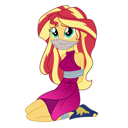 Size: 2000x2000 | Tagged: safe, artist:splendidbondage, imported from derpibooru, sunset shimmer, equestria girls, equestria girls series, spring breakdown, spoiler:eqg series (season 2), bondage, gag, simple background, solo, tape, tape bondage, tied up, transparent background