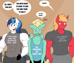 Size: 2091x1762 | Tagged: safe, artist:matchstickman, imported from derpibooru, big macintosh, shining armor, zephyr breeze, anthro, earth pony, pegasus, unicorn, abs, biceps, clothes, deltoids, dialogue, great macintosh, gym, male, muscles, muscular male, nervous, pecs, shirt, sleeveless, speech bubble, swelling armor, trio