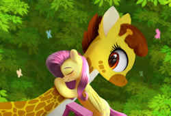 Size: 1879x1275 | Tagged: safe, artist:darksly, imported from derpibooru, clementine, fluttershy, butterfly, giraffe, pegasus, pony, duo, eyes closed, female, folded wings, hug, mare, smiling, wings