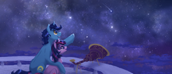 Size: 6797x2930 | Tagged: safe, artist:shaslan, imported from derpibooru, night light, twilight sparkle, pony, unicorn, duo, father and child, father and daughter, female, male, night, shooting star, telescope, unicorn twilight