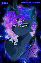 Size: 1236x1920 | Tagged: safe, artist:brot-art, imported from derpibooru, princess luna, alicorn, bat pony, pony, bedroom eyes, bust, fangs, solo, space, sparkles, wallpaper