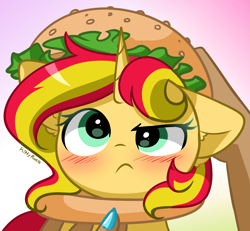 Size: 1785x1650 | Tagged: safe, artist:kittyrosie, imported from derpibooru, sunset shimmer, human, pony, unicorn, bacon, blushing, burger, cute, food, gradient background, hamburger, hand, meat, shimmerbetes, simple background