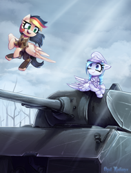 Size: 2192x2890 | Tagged: safe, artist:opal_radiance, imported from derpibooru, oc, oc only, oc:anja, oc:opal rosamond, pegasus, pony, equestria at war mod, clothes, duo, duo female, female, mare, maus tank, pegasus oc, smiling, snow, suit, tank (vehicle), uniform, white, wings, world war ii