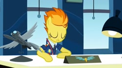 Size: 2160x1200 | Tagged: safe, imported from derpibooru, screencap, spitfire, pegasus, pony, wonderbolts academy, clothes, desk, desk lamp, drill sergeant, eyes closed, female, lamp, mare, necktie, office, solo, spitfire's office, suit, uniform, window, wonderbolts dress uniform