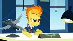 Size: 2160x1207 | Tagged: safe, imported from derpibooru, screencap, spitfire, pegasus, pony, wonderbolts academy, angry, clothes, desk, desk lamp, drill sergeant, lamp, necktie, office, solo, spitfire's office, stern, suit, uniform, window, wonderbolts dress uniform