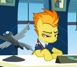 Size: 1380x1205 | Tagged: safe, imported from derpibooru, screencap, spitfire, pegasus, pony, wonderbolts academy, clothes, cropped, desk, drill sergeant, female, lidded eyes, mare, necktie, office, solo, spitfire's office, suit, uniform, window, wonderbolts uniform