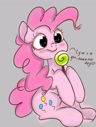 Size: 3072x4096 | Tagged: safe, artist:twiliset, imported from derpibooru, pinkie pie, earth pony, pony, blushing, candy, cute, diapinkes, food, gray background, happy, looking at you, say anything, simple background, smiling, smiling at you, solo