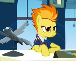 Size: 1412x1136 | Tagged: safe, imported from derpibooru, screencap, spitfire, pegasus, pony, wonderbolts academy, clothes, cropped, desk, drill sergeant, female, mare, necktie, solo, stern, suit, uniform, window, wonderbolts dress uniform