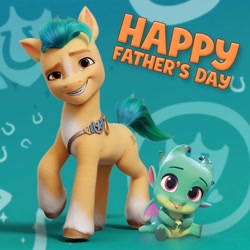 Size: 1080x1080 | Tagged: safe, imported from derpibooru, hitch trailblazer, dragon, earth pony, pony, :p, baby, baby dragon, cute, duo, duo male, father's day, g5, grin, looking at you, male, my little pony: a new generation, my little pony: make your mark, official, papa hitch, smiling, smiling at you, sparky sparkeroni, sparkybetes, stallion, text, tongue out