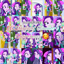 Size: 1920x1920 | Tagged: safe, edit, edited screencap, editor:itsmgh1203, imported from derpibooru, screencap, starlight glimmer, human, equestria girls, mirror magic, spoiler:eqg specials, beanie, canterlot mall, cinema, covering, covering mouth, eyes closed, female, food, frown, hat, ice cream, ice cream cone, one eye closed, open mouth, open smile, smiling, solo, statue, text, that human sure does love ice cream, wink