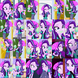 Size: 1920x1920 | Tagged: safe, alternate version, edit, edited screencap, editor:itsmgh1203, imported from derpibooru, screencap, starlight glimmer, human, equestria girls, mirror magic, spoiler:eqg specials, beanie, canterlot mall, cinema, covering, covering mouth, eyes closed, female, food, frown, hat, ice cream, ice cream cone, one eye closed, open mouth, open smile, smiling, solo, statue, that human sure does love ice cream, wink