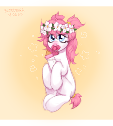 Size: 3000x3326 | Tagged: safe, artist:bloodymrr, imported from derpibooru, oc, oc:lily, earth pony, pony, abdl, age regression, bottle, cute, flower, flower in hair, pacifier, younger