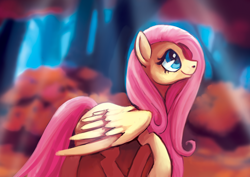 Size: 2000x1414 | Tagged: safe, artist:tracymod, imported from derpibooru, fluttershy, pegasus, autumn, female, forest, looking up, mare, partially open wings, profile, raised hoof, solo, wings