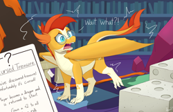 Size: 2000x1295 | Tagged: safe, artist:arcane-thunder, imported from ponybooru, sunburst, dragon, atg 2023, book, bookshelf, dragonified, glasses, indoors, male, newbie artist training grounds, open mouth, solo, species swap, transformation, wings