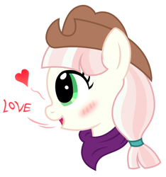 Size: 2318x2479 | Tagged: safe, artist:third uncle, imported from derpibooru, penny ante, earth pony, pony, background pony, blushing, cowboy hat, cute, female, hat, love, mare, neckerchief, pigtails, simple background, solo, white background